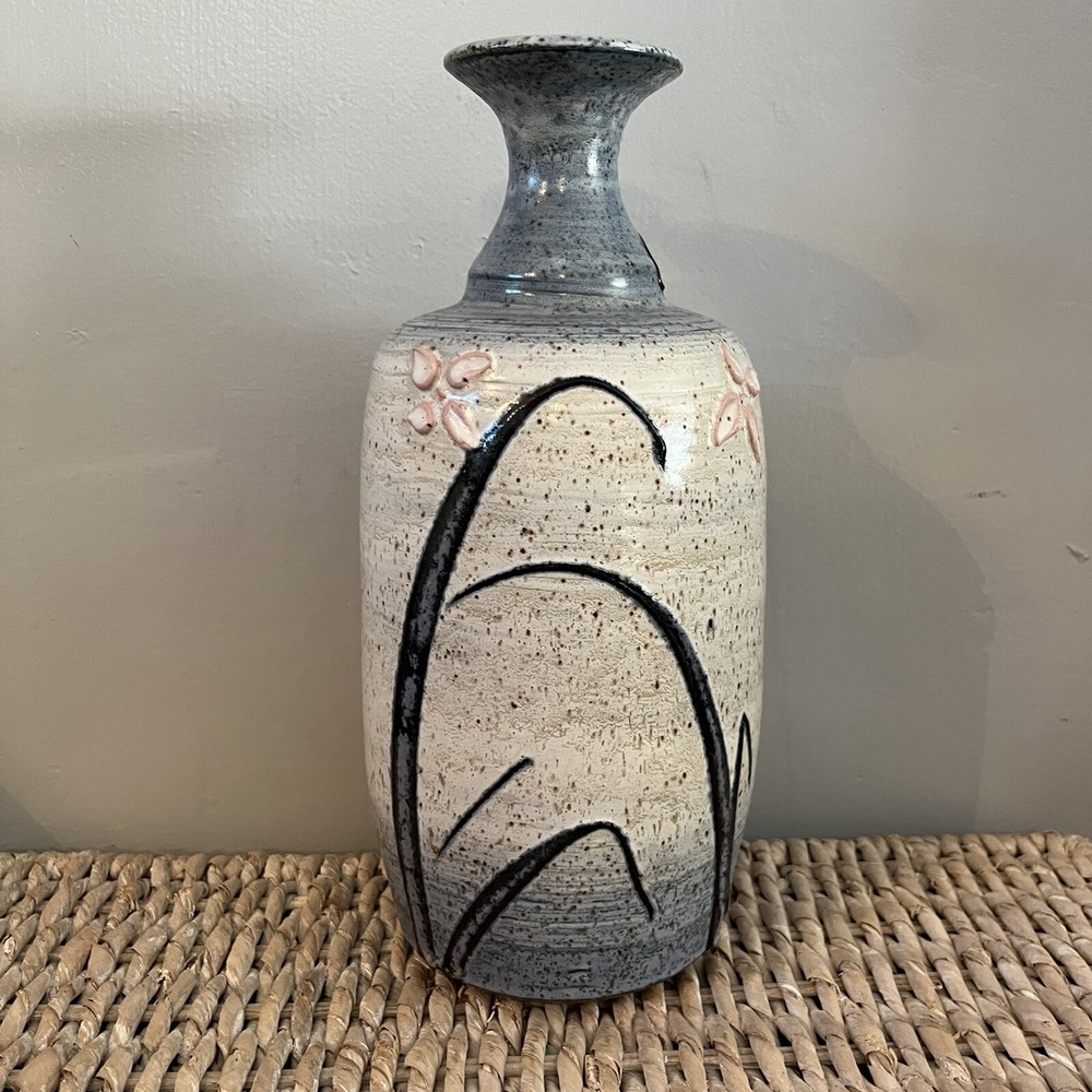 Art Pottery Studio Stoneware Speckled Blue Gray Floral Vase Signed 11" Tall